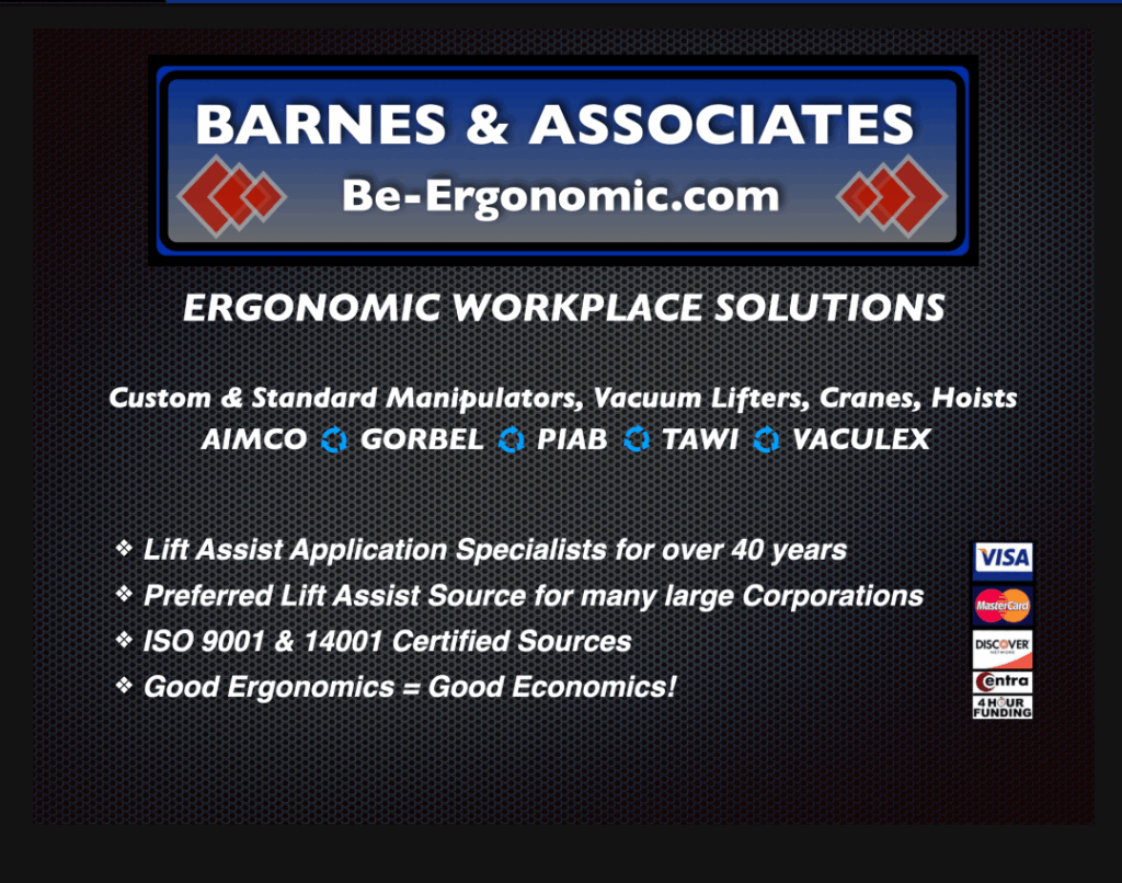 Barnes & Associates offers ergonomic workplace solutions, including manipulators and lifters, highlighting their experience and certifications.