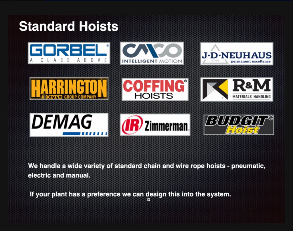 Logos of various standard hoist brands, including Gorbel, Harrington, and Demag, illustrating options for chain and wire rope hoists.