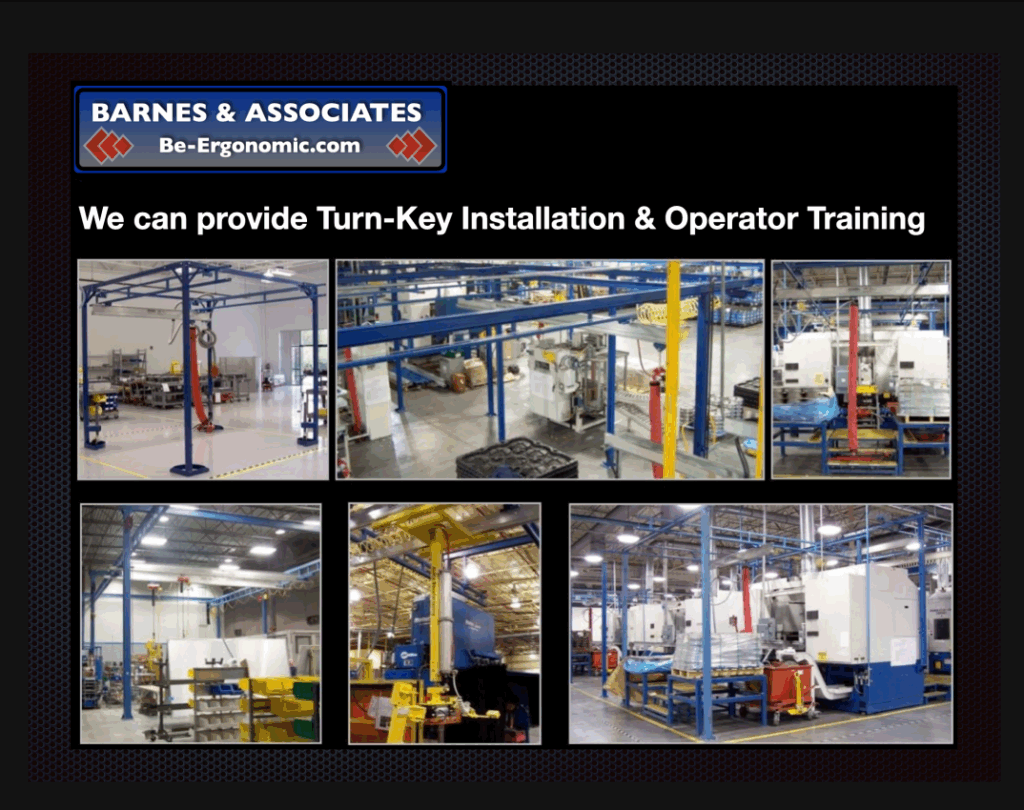 Warehouse showcasing ergonomic solutions, including equipment installation and operator training, emphasizing efficient workspace design and safety.