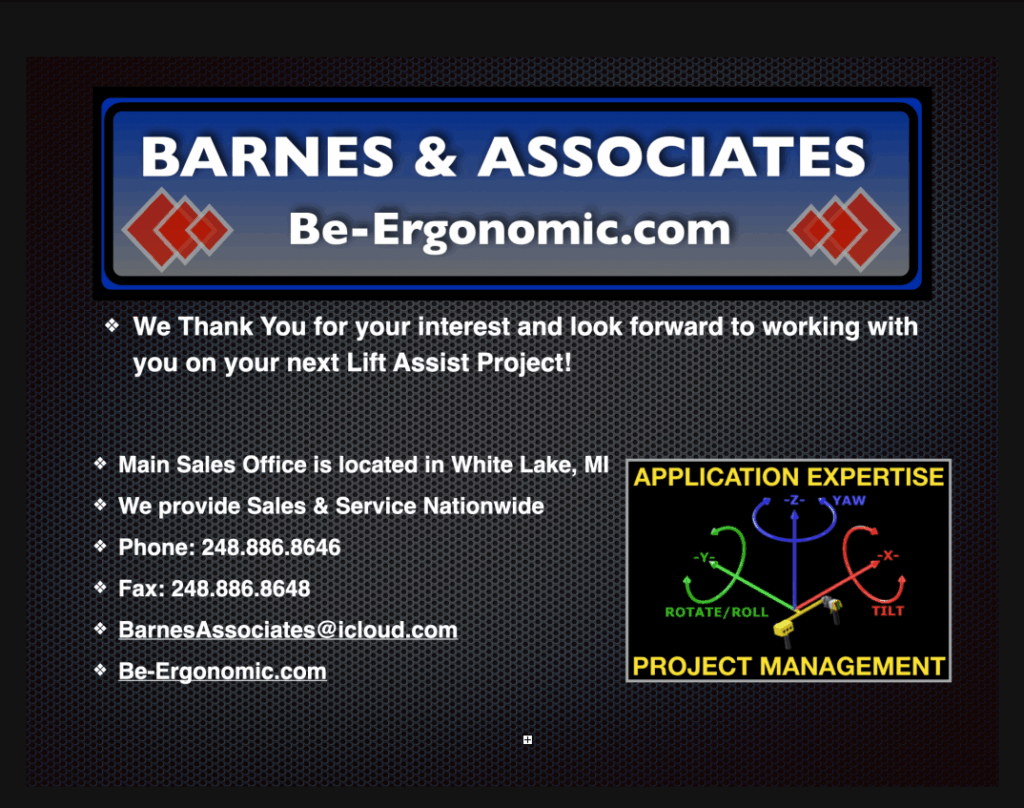Barnes & Associates contact information and services overview, highlighting lift assist projects, based in White Lake, MI, with nationwide support.