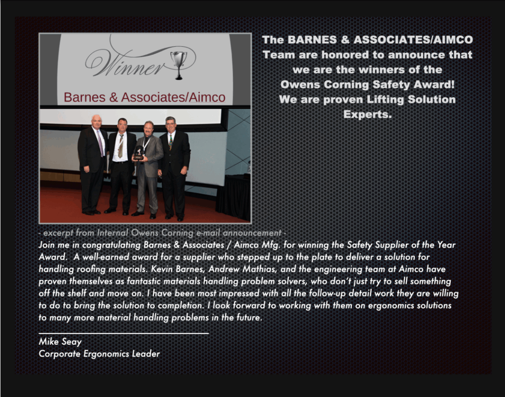 Barnes & Associates/Aimco team celebrates winning the Owens Corning Safety Award, highlighting their expertise in lifting solutions and problem-solving.