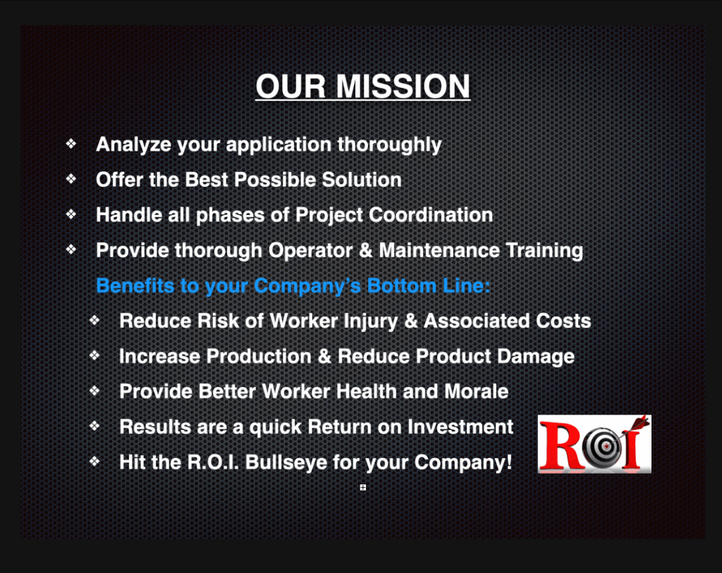 Mission statement detailing company services and benefits, emphasizing risk reduction, production increases, and improved worker health for better ROI.