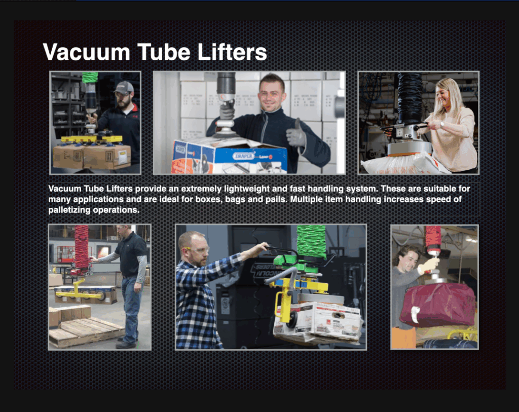 Vacuum Tube Lifters in use, demonstrating lightweight handling of boxes and bags, enhancing efficiency in palletizing operations.