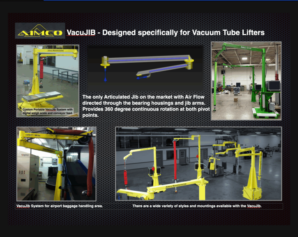 VacuJIB system for vacuum tube lifters, showcasing its versatility, design, and 360-degree mobility. Relevant for material handling in various industries.