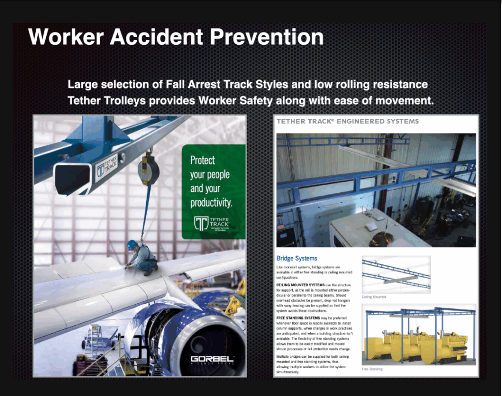 Fall Arrest Track Systems enhance worker safety and mobility. The image features a technician installing Tether Track equipment in a workshop setting.