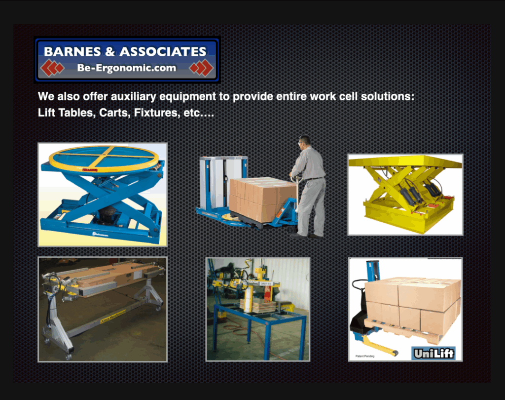 Auxiliary ergonomic equipment displayed, including lift tables and carts, demonstrating solutions for work cell efficiency and safety.
