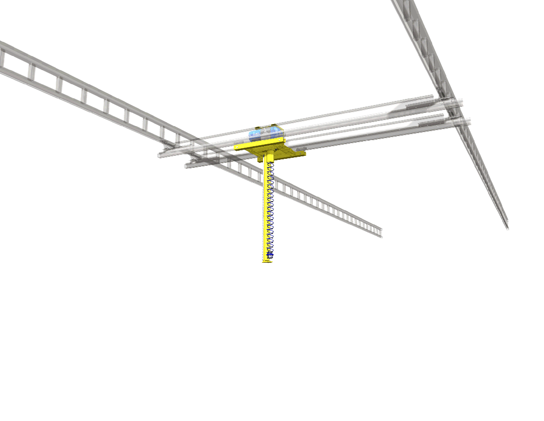 A yellow crane mechanism mounted on a framework, demonstrating a lifting function. The image showcases the equipment's design and functionality.