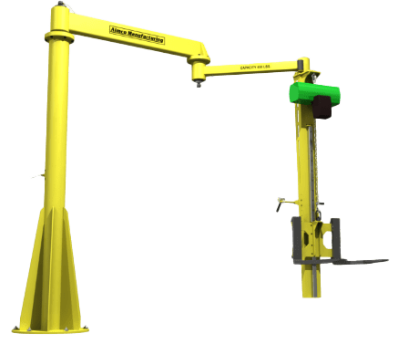 Yellow articulating arm lift designed for material handling, featuring a vertical support and horizontal pivot for enhanced maneuverability.