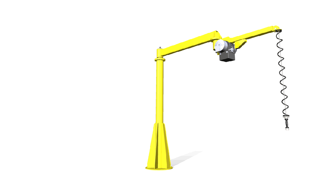 Yellow crane with a rotating arm and a coiled rope, designed for lifting; illustrates industrial equipment used in manufacturing or construction.
