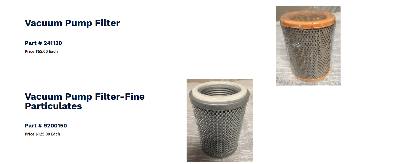 Two types of vacuum pump filters are displayed: a general filter priced at $65 and a fine particulate filter at $125, both with part numbers.