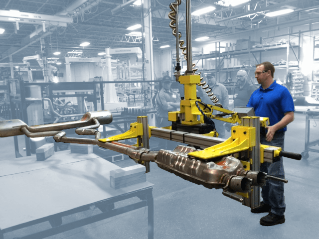 A factory worker operates a yellow robotic arm to manipulate an automotive exhaust system, showcasing precision in manufacturing processes.