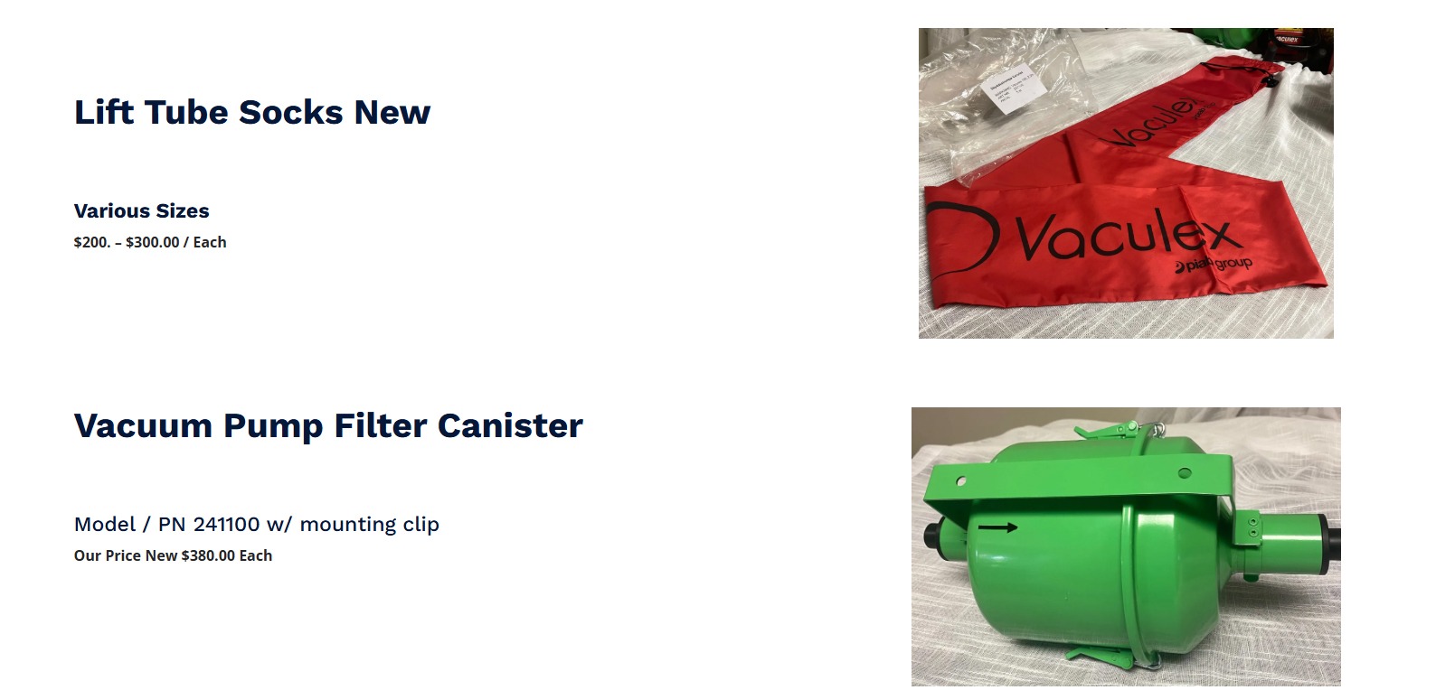 Red lift tube socks with "Vaculex" branding, available in various sizes, priced between $200 and $300 each. Green vacuum pump filter canister model PN 241100 priced at $380.